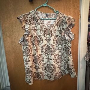 SHEIN Cream and Brown Damask Flutter Sleeve Blouse